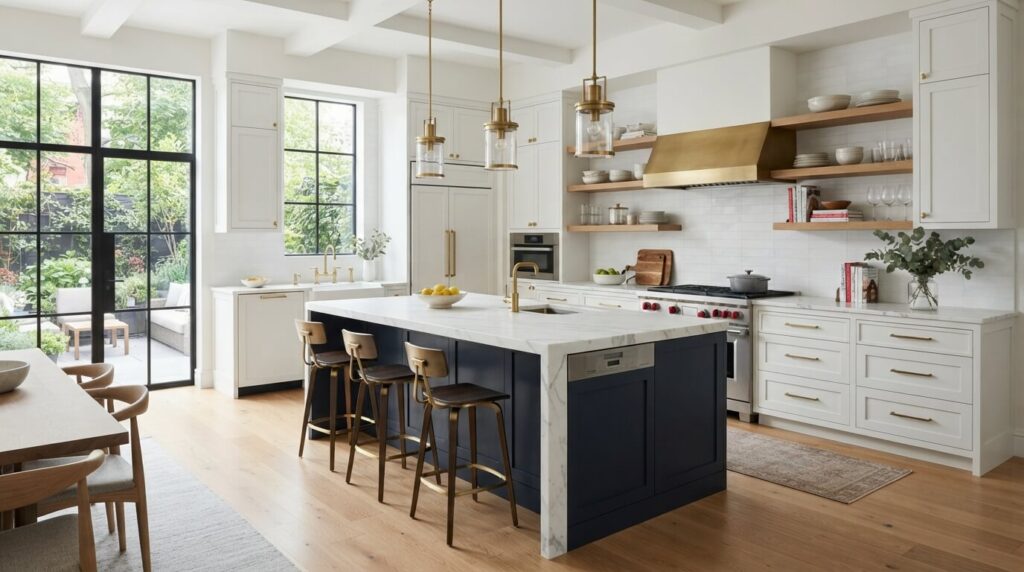 blue and white kitchen backsplash