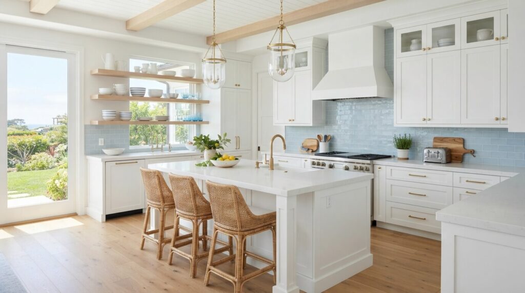 blue and white kitchen cabinets