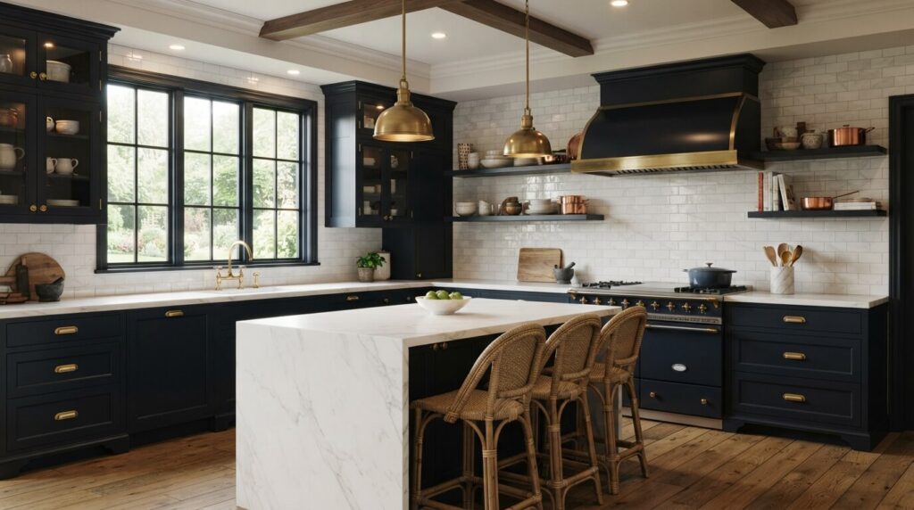 navy blue and white kitchen